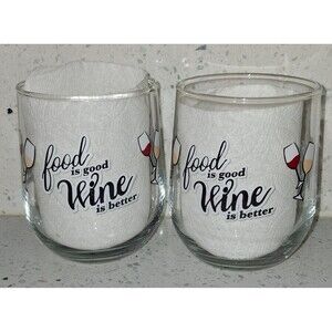 Stemless Wine Glasses Set of 2 "Food Is Good Wine Is Better" 16 oz